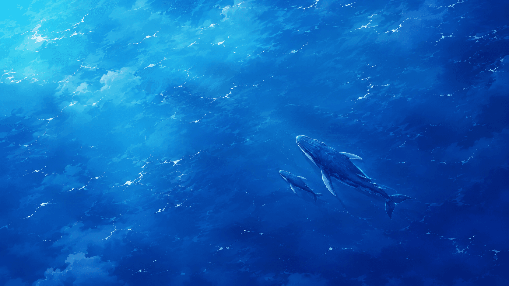An illustrated mother whale and calf swimming through a vast blue ocean